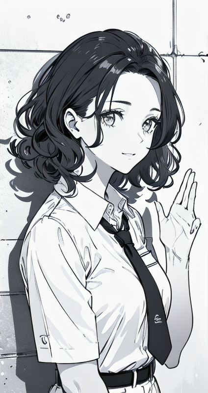 00757-1161178024-1girl,comb hair with hands,collared shirt, curly hair, long hair, mature female, chuckle,charming,young,_against wall, upper bod.png